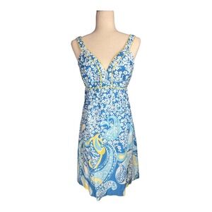 Lilly Pulitzer Blue and Yellow Paisley Floral V-Neck Mini Dress